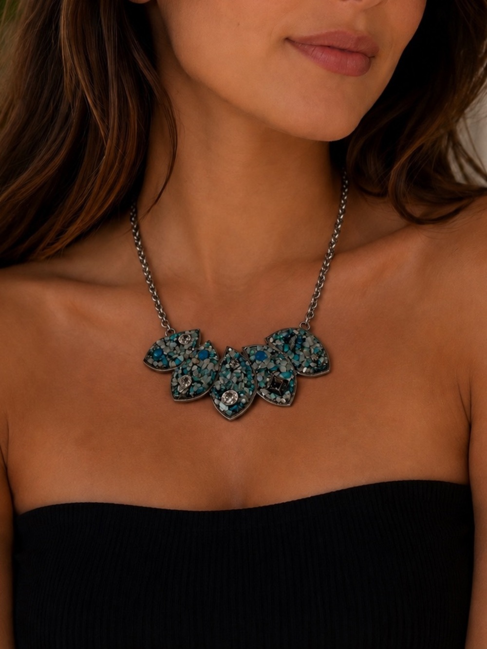 Sparkling Sage Statement Necklace – Blue‎ Green Stone & Crystal Silver Tone